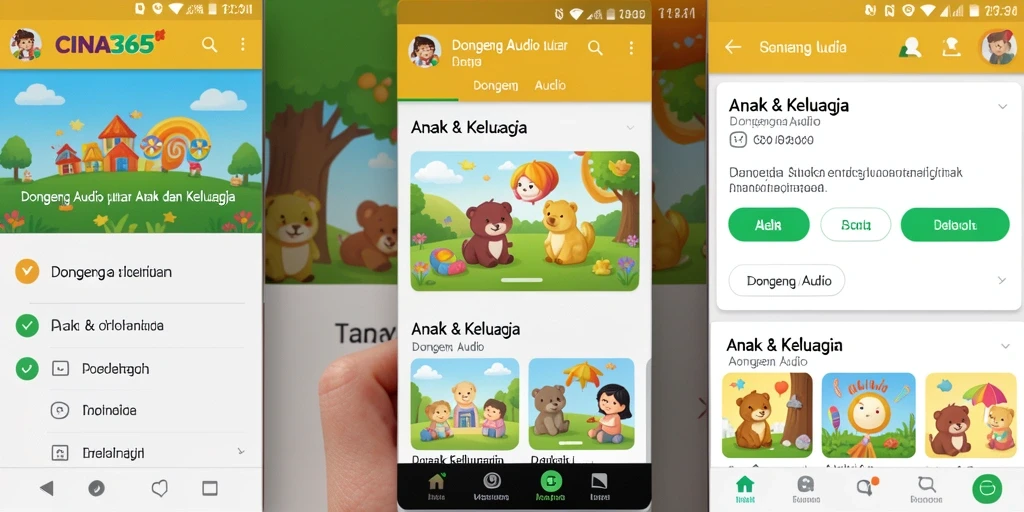Antarmuka CINA365 yang menarik untuk mendengarkan dongeng audio.