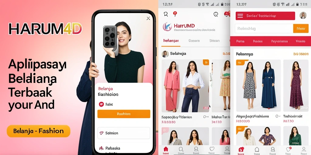 Tampilan aplikasi HARUM4D dengan produk fashion menarik dan antarmuka yang ramah pengguna.